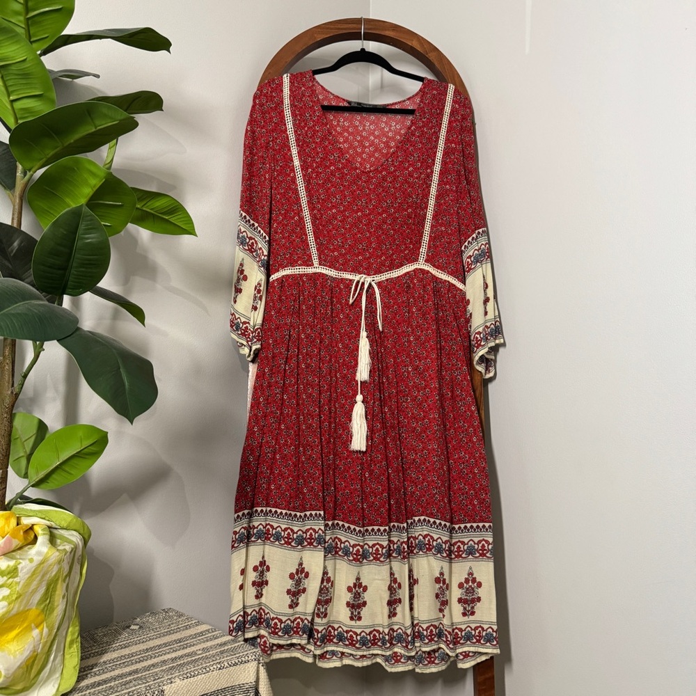 Zara Trafaluc SMALL Red Cream Boho Hippie Prairie Midi Dress